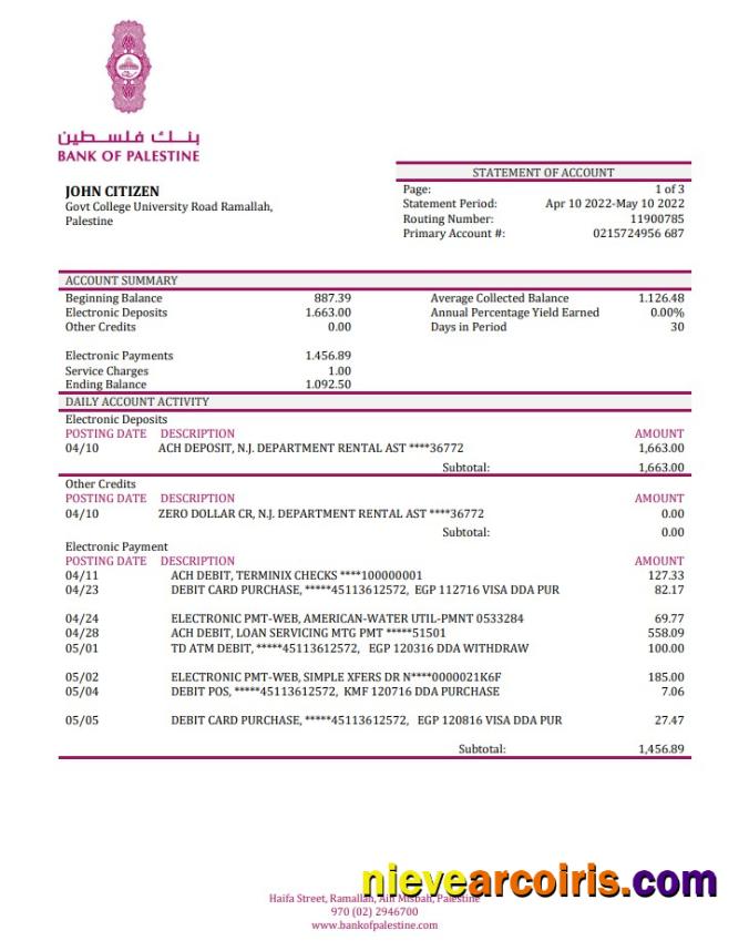 Palestine Bank of Palestine bank statement